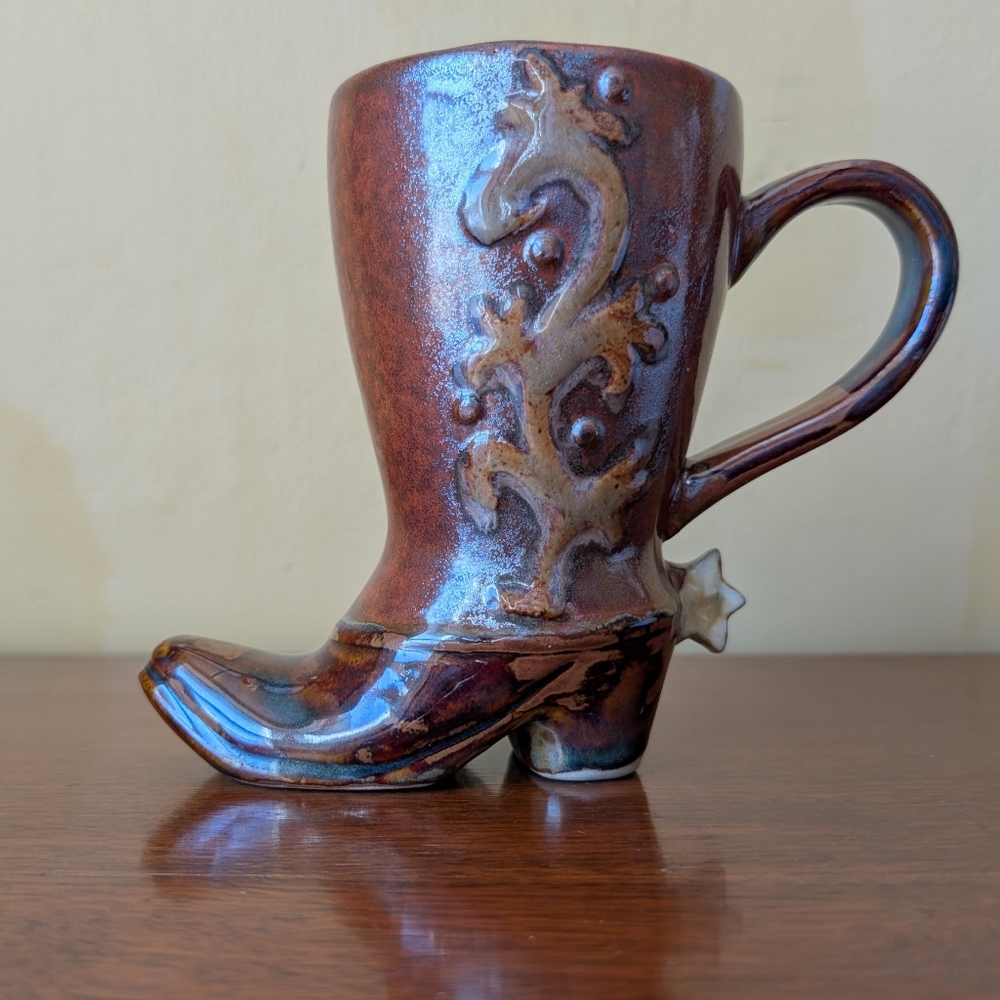 Artistic Western Canyon Ranch  Brown Cowboy Boot-Shaped Ceramic Mug with Spur